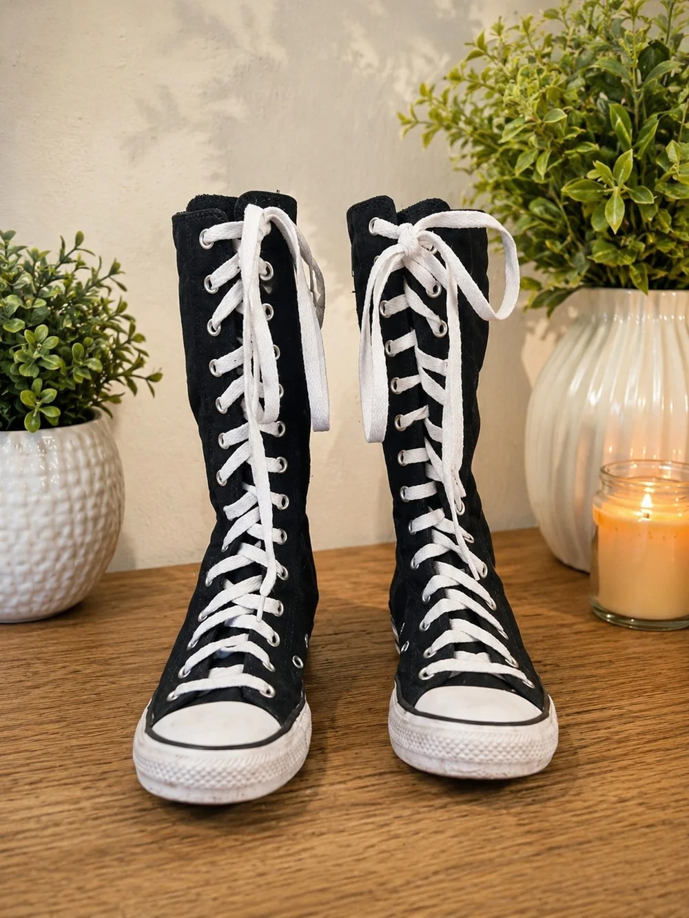 Converse Black Canvas Knee-High Lace-Up Boots with White Accents